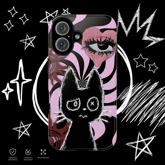 Dark Punk Tough Phone Case – Gothic Kawaii Cat Psychedelic Eye Design