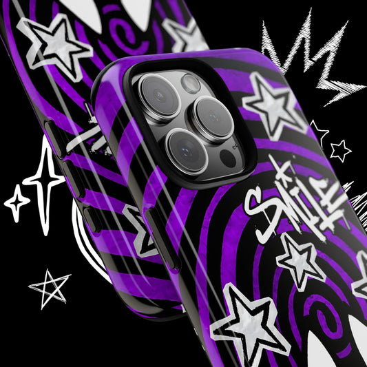 Dark Punk Tough Phone Case – Purple Graffiti Kawaii Cat & Stars Design