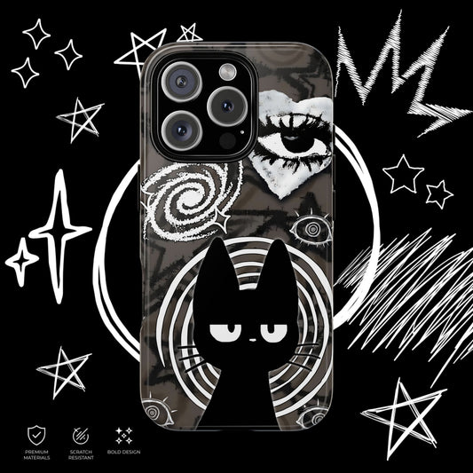 Gothic Tough Phone Case – Black Cat Cosmic Swirls & Mystical Eye Design