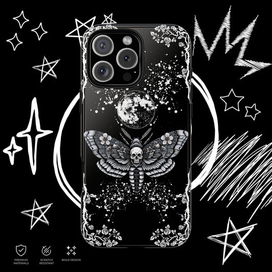 Gothic Moth Tough Phone Case – Skull Butterfly Full Moon Dark Aesthetic Design
