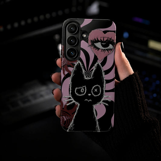 Dark Punk Tough Phone Case – Gothic Kawaii Cat Psychedelic Eye Design