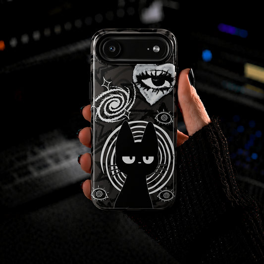Gothic Tough Phone Case – Black Cat Cosmic Swirls & Mystical Eye Design