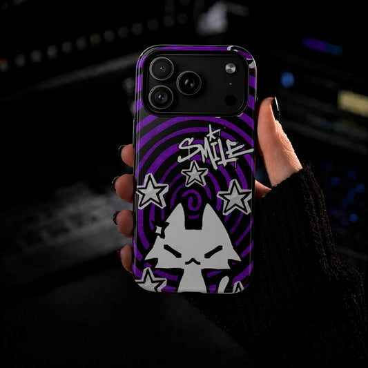 Dark Punk Tough Phone Case – Purple Graffiti Kawaii Cat & Stars Design